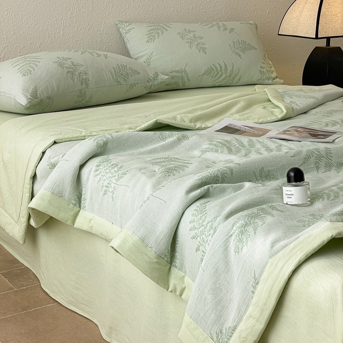 91家纺网 家纺一手货源 找家纺 吾诺 2025 全棉色织提花三层纱夏被四件套全棉夏被大豆夏被夏凉被空调被子被芯 花影-绿