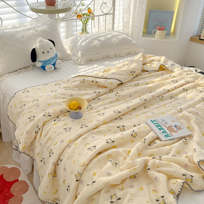 91家纺网 家纺一手货源 找家纺 芯恋 2025新款母婴级全棉皱皱纱儿童被双层纱夏被 霓虹小狗