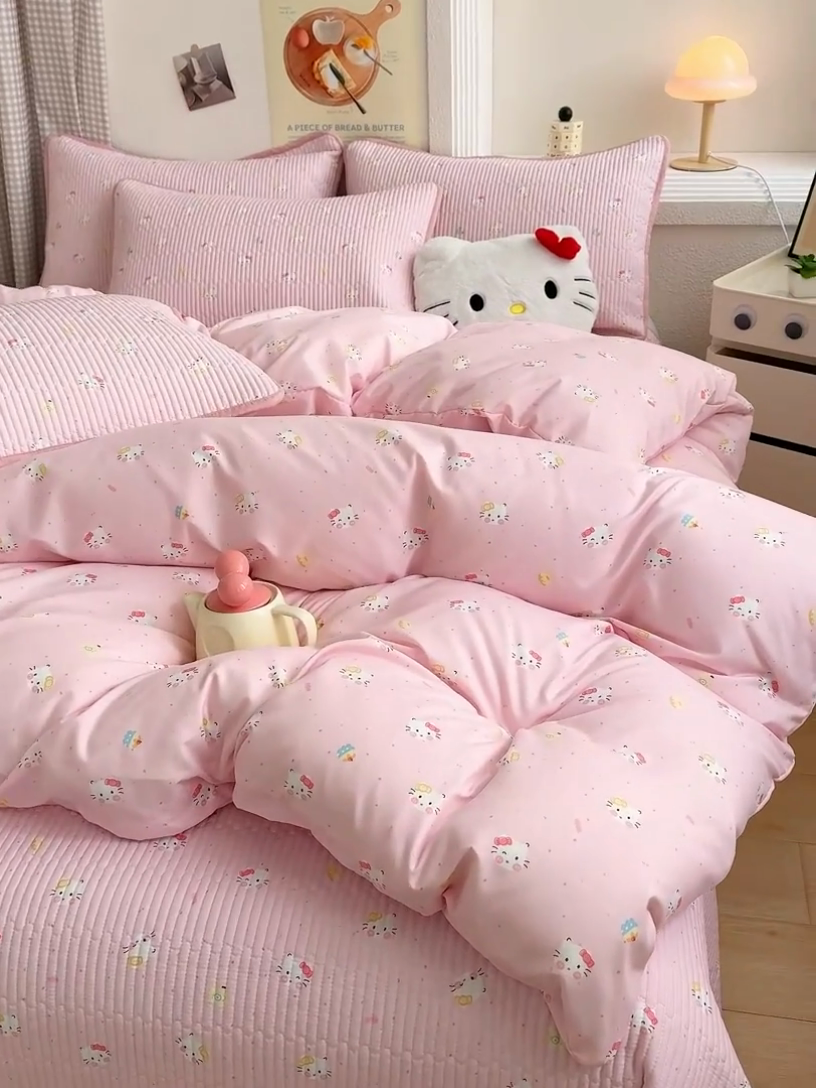 91家纺网 家纺一手货源 找家纺 赫梵茜 2025新款有氧针织双层纱单床盖床盖三件套床盖四件套 kT猫