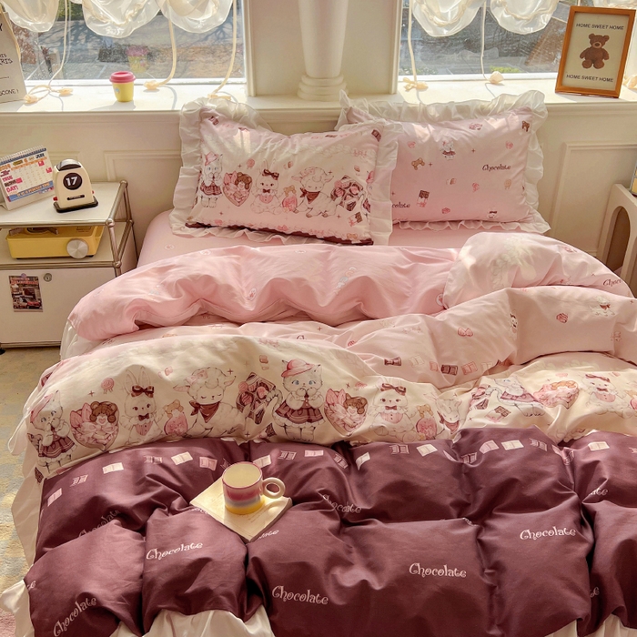 91家纺网 家纺一手货源 找家纺 浩诚 2025新款洛丽塔纯棉花边款四件套 草莓巧克力