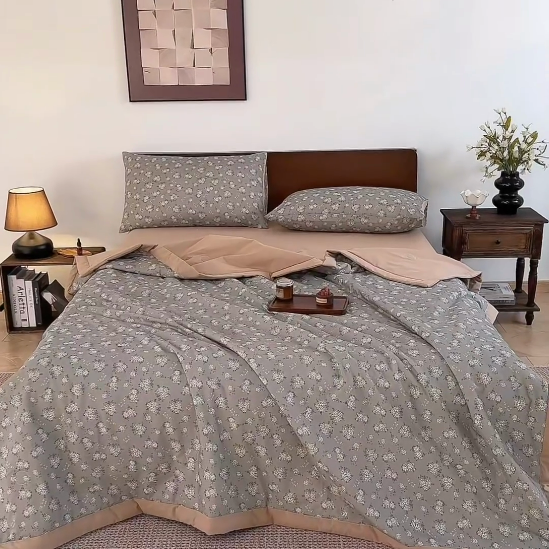 91家纺网 家纺一手货源 找家纺 吾诺 2025 全棉印花单层纱大豆夏被四件套夏凉被空调被子被芯全棉夏被 秘境花园