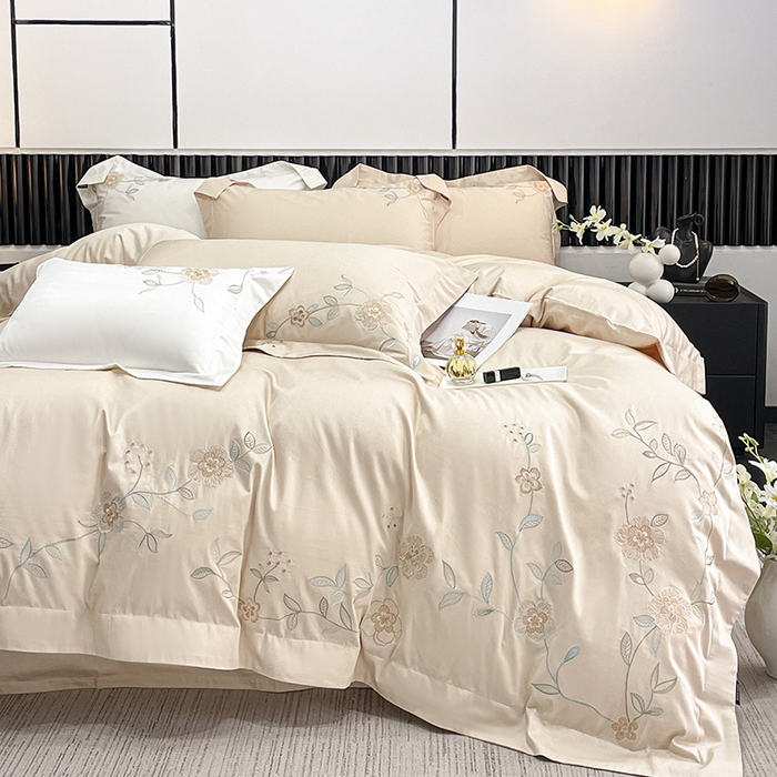 91家纺网 家纺一手货源 找家纺 2025新款春夏新款A类长绒棉全工艺刺绣四件套纯棉全棉轻奢风直播高端床上用品 蔓艺-奶杏