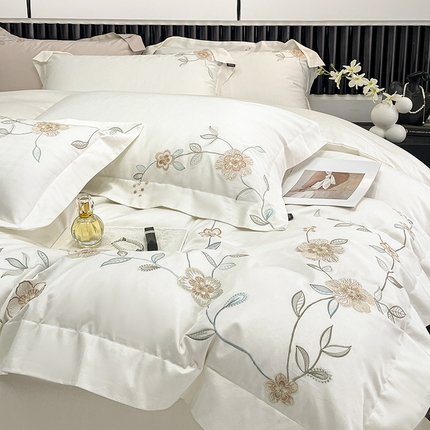 2025新款春夏新款A类长绒棉全工艺刺绣四件套纯棉全棉轻奢风直播高端床上用品 蔓艺-月光白