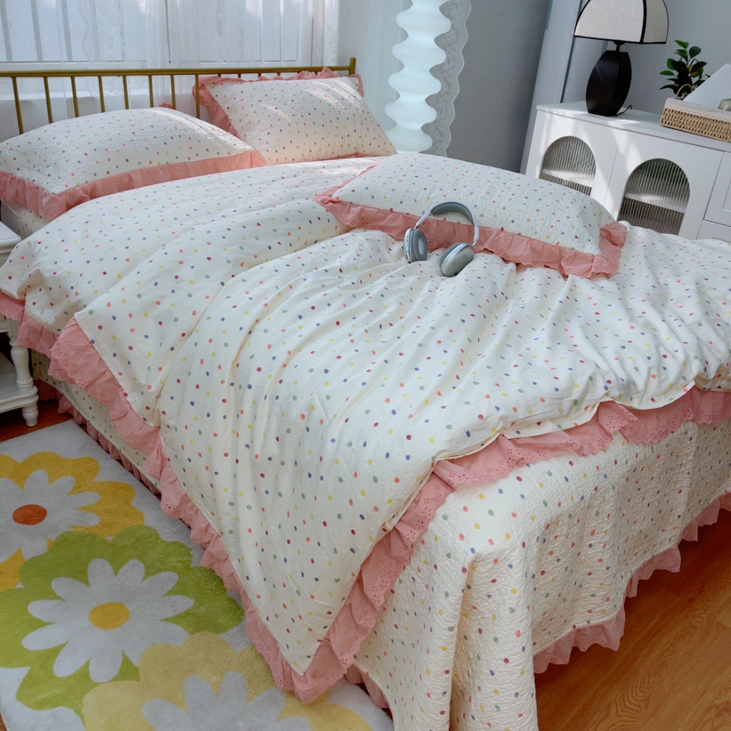 91家纺网 家纺一手货源 找家纺 暖居 2025春夏款高温砂洗棉花床盖三件套被套四件套同款纯棉夏被空调被四季 彩色波点