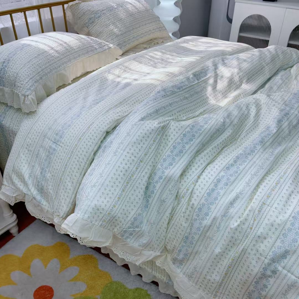 91家纺网 家纺一手货源 找家纺 暖居 2025春夏款高温砂洗棉花床盖三件套被套四件套同款纯棉夏被空调被四季 蓝颜