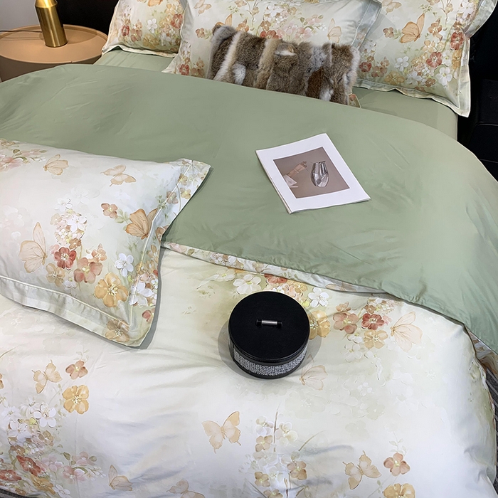 91家纺网 家纺一手货源 找家纺 莱豫家纺 2025新款50支长绒棉数码印花四件套 蝶漫