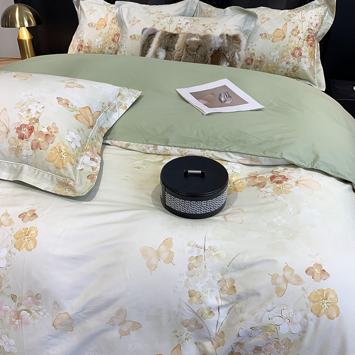 91家纺网 家纺一手货源 找家纺 莱豫家纺 2025新款50支长绒棉数码印花四件套 蝶漫