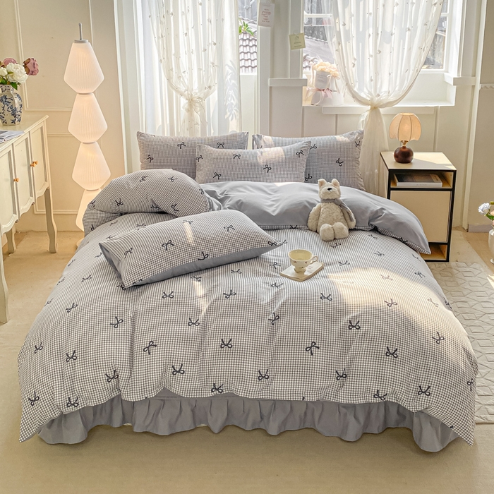 91家纺网 家纺一手货源 找家纺 一比一家纺 2025新款针织双层纱床盖四件套 格韵