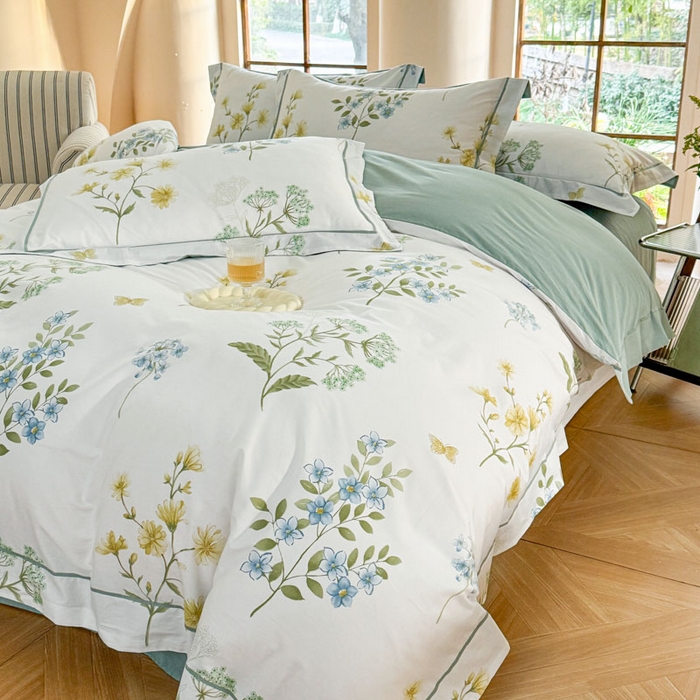 91家纺网 家纺一手货源 找家纺 7V 2025新款轻奢大宽边100%纯棉四件套133*76全棉喷气宽幅长绒棉被套床单床笠套件 浣溪花-米