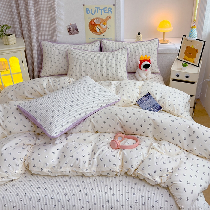 91家纺网 家纺一手货源 找家纺 赫梵茜 2025新款有氧针织双层纱单床盖床盖三件套床盖四件套 线条樱桃