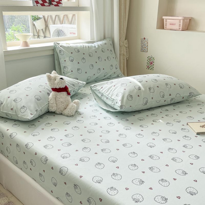 91家纺网 家纺一手货源 找家纺 新印象2025新款直角纯棉老粗布套件 床笠款 老粗布-草莓蓝 (