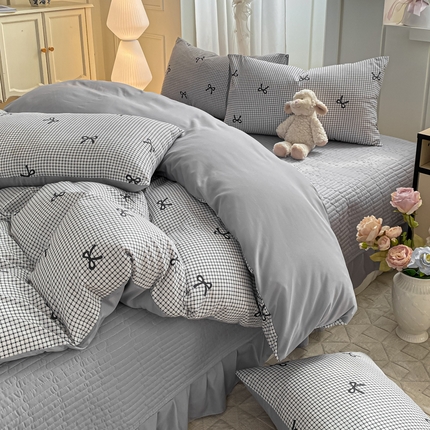 一比一家纺 2025新款针织双层纱床盖四件套 格韵