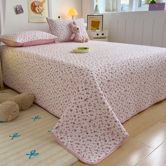 91家纺网 家纺一手货源 找家纺 赫梵茜 2025新款有氧针织双层纱单床盖床盖三件套床盖四件套 花语-粉