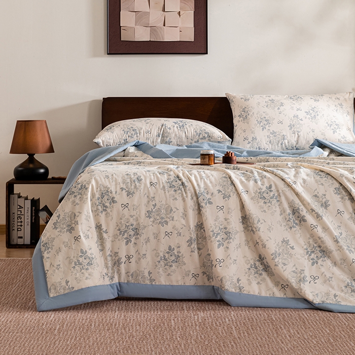 91家纺网 家纺一手货源 找家纺 吾诺 2025 全棉印花单层纱大豆夏被四件套夏凉被空调被子被芯全棉夏被 婉约