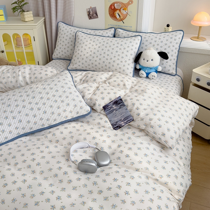 91家纺网 家纺一手货源 找家纺 赫梵茜 2025新款有氧针织双层纱单床盖床盖三件套床盖四件套 沐兰花开