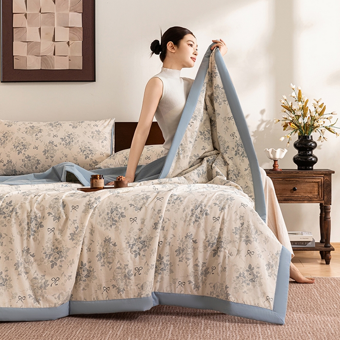 91家纺网 家纺一手货源 找家纺 吾诺 2025 全棉印花单层纱大豆夏被四件套夏凉被空调被子被芯全棉夏被 婉约