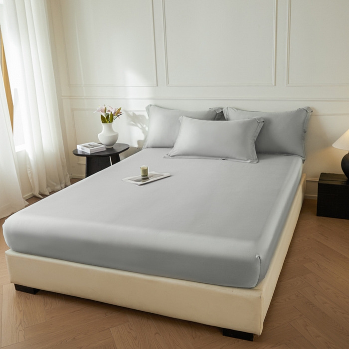 91家纺网 家纺一手货源 找家纺 涵宸2025新款天丝-天丝棉-纯色单床笠-场景1 床笠-时尚灰