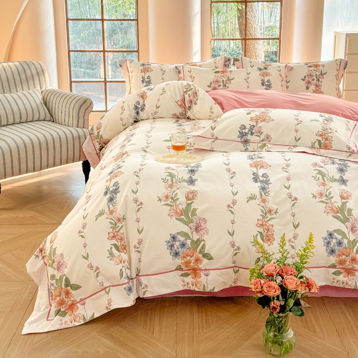 91家纺网 家纺一手货源 找家纺 7V 2025新款轻奢大宽边100%纯棉四件套133*76全棉喷气宽幅长绒棉被套床单床笠套件 眷恋