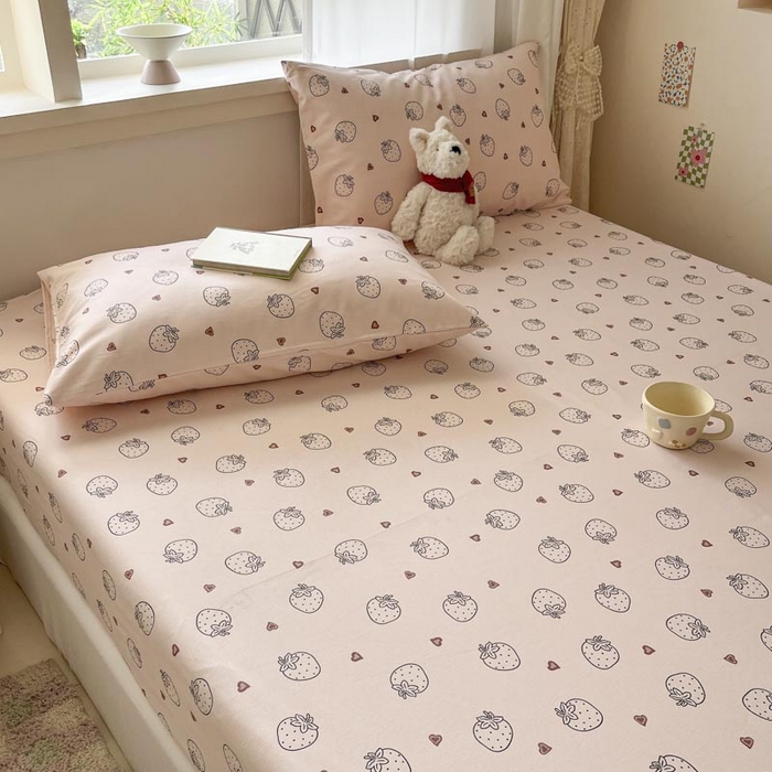 91家纺网 家纺一手货源 找家纺 新印象2025新款直角纯棉老粗布套件 床笠款 老粗布-草莓粉