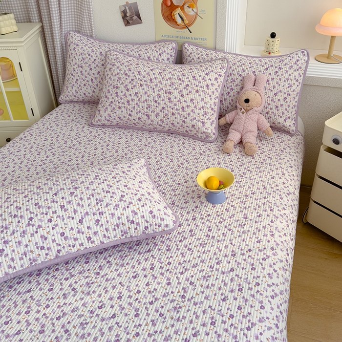 91家纺网 家纺一手货源 找家纺 赫梵茜 2025新款有氧针织双层纱单床盖床盖三件套床盖四件套 花语-紫