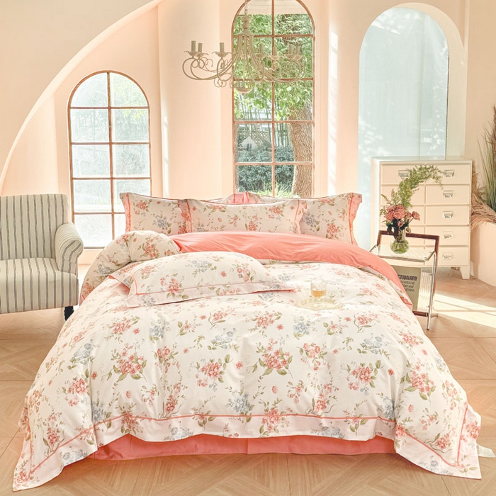 91家纺网 家纺一手货源 找家纺 7V 2025新款轻奢大宽边100%纯棉四件套133*76全棉喷气宽幅长绒棉被套床单床笠套件 蜜朵-米