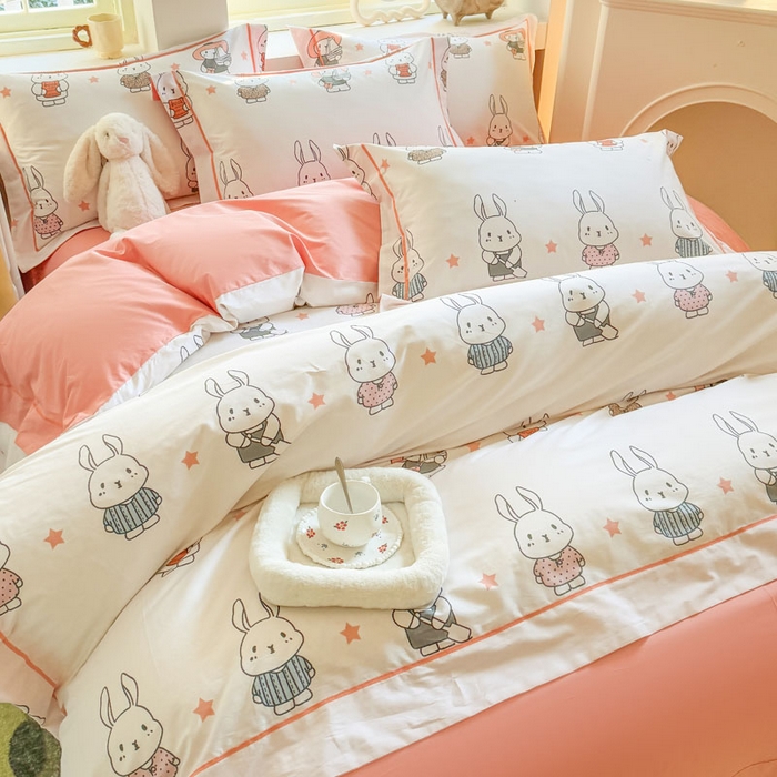 91家纺网 家纺一手货源 找家纺 7V 2025新款轻奢大宽边100%纯棉四件套133*76全棉喷气宽幅长绒棉被套床单床笠套件 星星兔