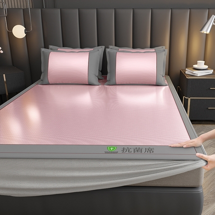 91家纺网 家纺一手货源 找家纺 小牛席业2025新款A加厚款-可机洗抗菌提花冰丝席（床笠款）凉席藤席冰藤席冰丝席竹席草席空调席乳胶席豆豆席 抗菌席-色织粉色（床笠款）