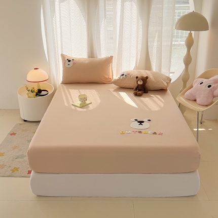 眠帛家居 2025新款A类水洗棉卡通毛巾绣单床笠 小熊-奶咖