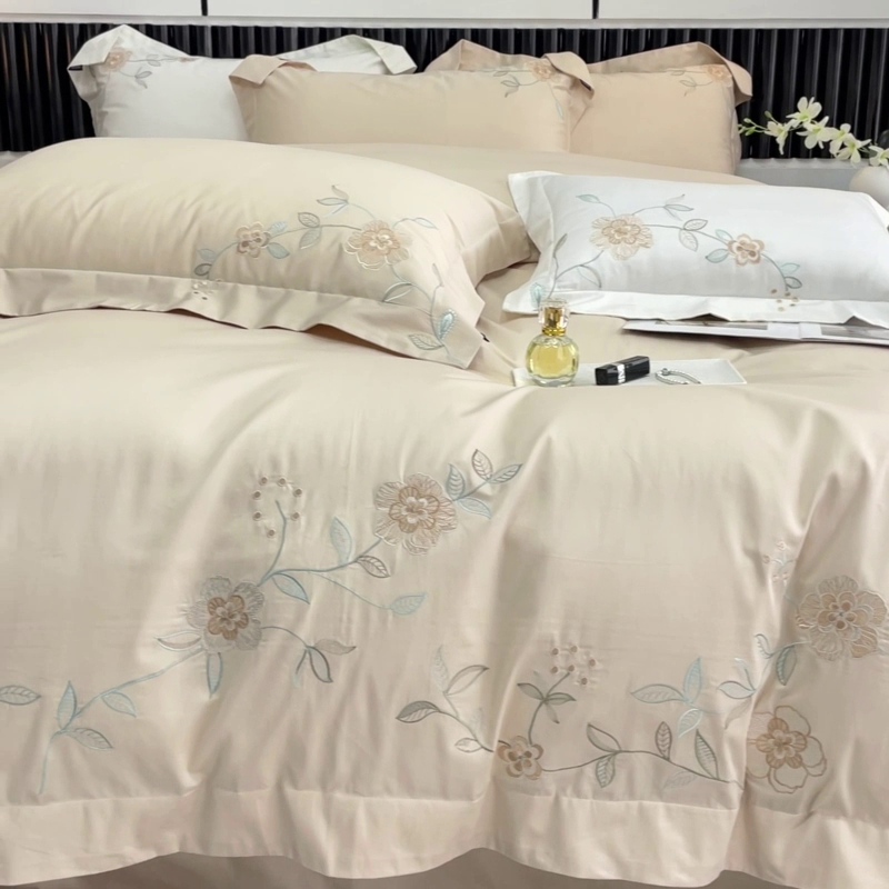 91家纺网 家纺一手货源 找家纺 2025新款春夏新款A类长绒棉全工艺刺绣四件套纯棉全棉轻奢风直播高端床上用品 蔓艺-奶杏
