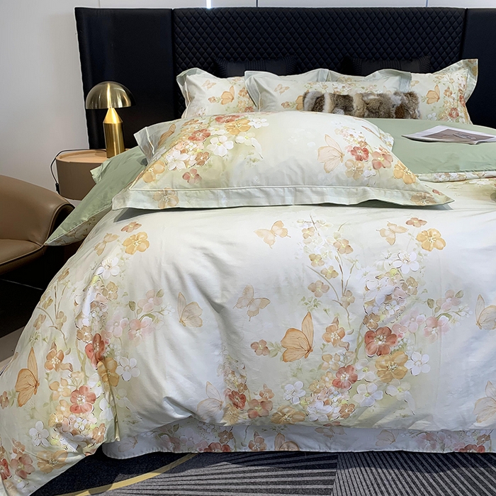 91家纺网 家纺一手货源 找家纺 莱豫家纺 2025新款50支长绒棉数码印花四件套 蝶漫