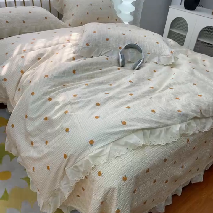 91家纺网 家纺一手货源 找家纺 暖居 2025春夏款高温砂洗棉花床盖三件套被套四件套同款纯棉夏被空调被四季 小甜橘