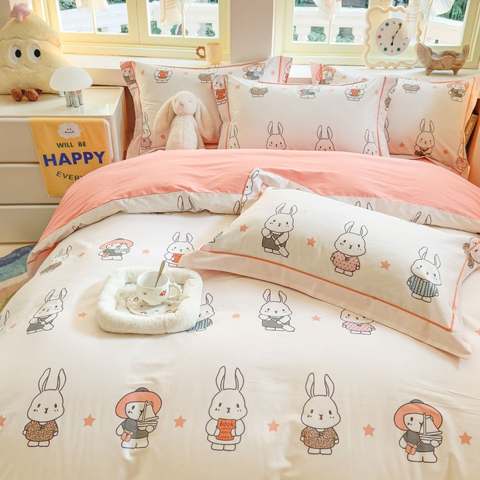 91家纺网 家纺一手货源 找家纺 7V 2025新款轻奢大宽边100%纯棉四件套133*76全棉喷气宽幅长绒棉被套床单床笠套件 星星兔