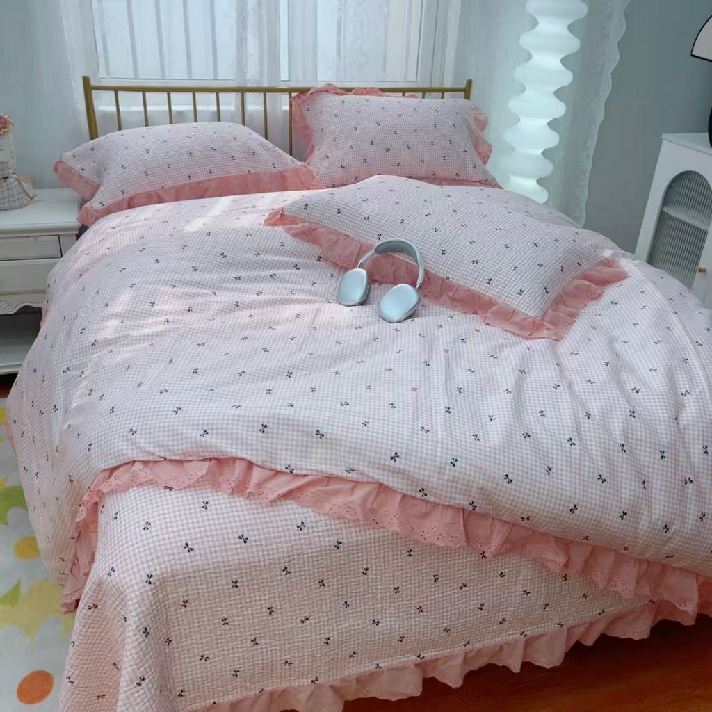 91家纺网 家纺一手货源 找家纺 暖居 2025春夏款高温砂洗棉花床盖三件套被套四件套同款纯棉夏被空调被四季 点点蝴蝶结