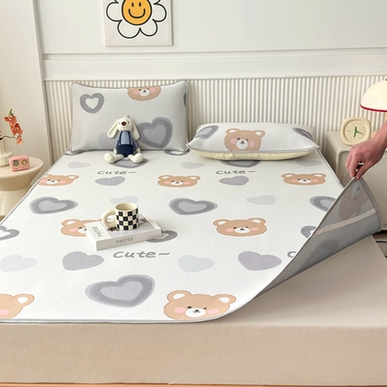 柏薇 2025新款三明治网眼印花凉席套件 爱心小熊