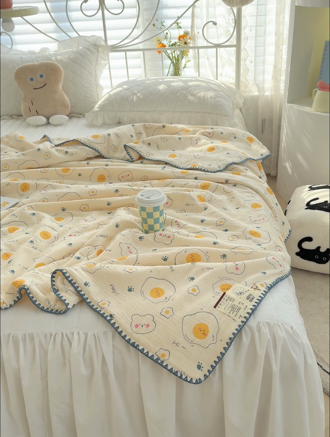 91家纺网 家纺一手货源 找家纺 芯恋 2025新款母婴级全棉皱皱纱儿童被双层纱夏被 荷包蛋