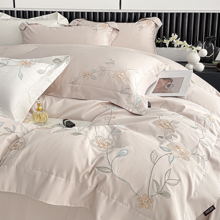 91家纺网 家纺一手货源 找家纺 2025新款春夏新款A类长绒棉全工艺刺绣四件套纯棉全棉轻奢风直播高端床上用品 蔓艺-颜粉