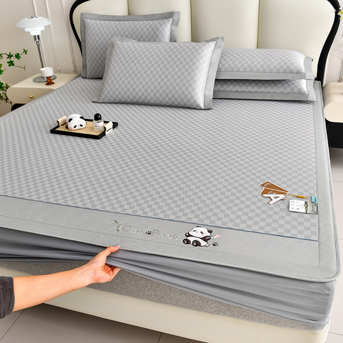 91家纺网 家纺一手货源 找家纺 小牛席业 2025新款棋盘格-熊猫凉感冰丝席系列（床笠款） 灰色