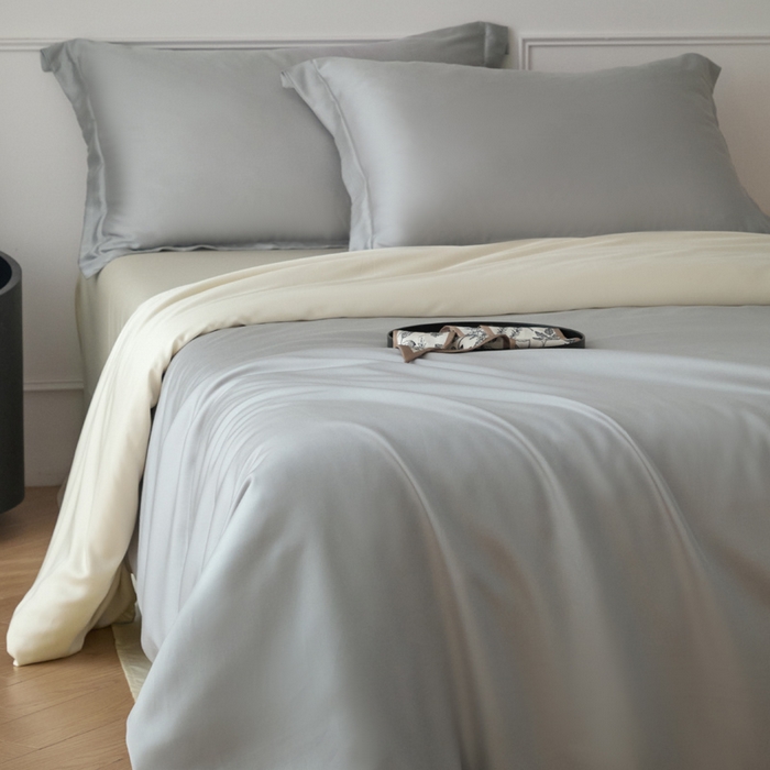 91家纺网 家纺一手货源 找家纺 涵宸2025新款天丝-天丝棉-纯色四件套-场景1 时尚灰+象牙白