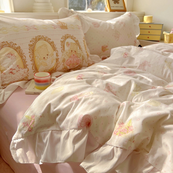 91家纺网 家纺一手货源 找家纺 浩诚 2025新款洛丽塔纯棉花边款四件套 芭蕾小熊-米