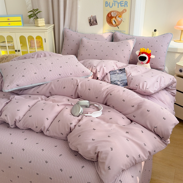 91家纺网 家纺一手货源 找家纺 赫梵茜 2025新款有氧针织双层纱单床盖床盖三件套床盖四件套 结美