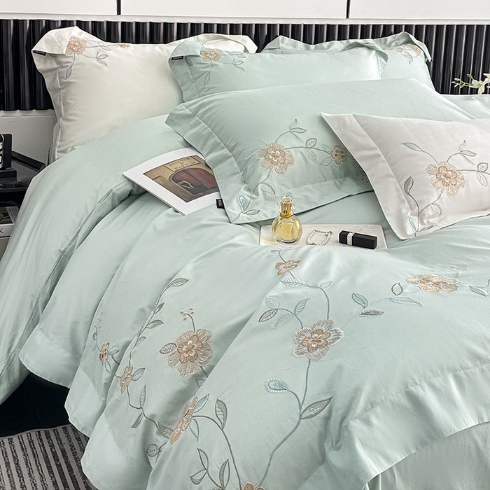 91家纺网 家纺一手货源 找家纺 2025新款春夏新款A类长绒棉全工艺刺绣四件套纯棉全棉轻奢风直播高端床上用品 蔓艺-茶绿