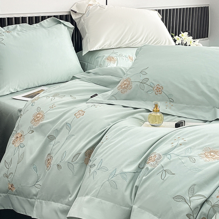 91家纺网 家纺一手货源 找家纺 2025新款春夏新款A类长绒棉全工艺刺绣四件套纯棉全棉轻奢风直播高端床上用品 蔓艺-茶绿