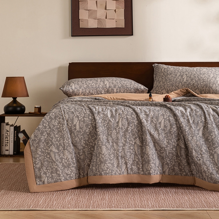 91家纺网 家纺一手货源 找家纺 吾诺 2025 全棉印花单层纱大豆夏被四件套夏凉被空调被子被芯全棉夏被 柔美