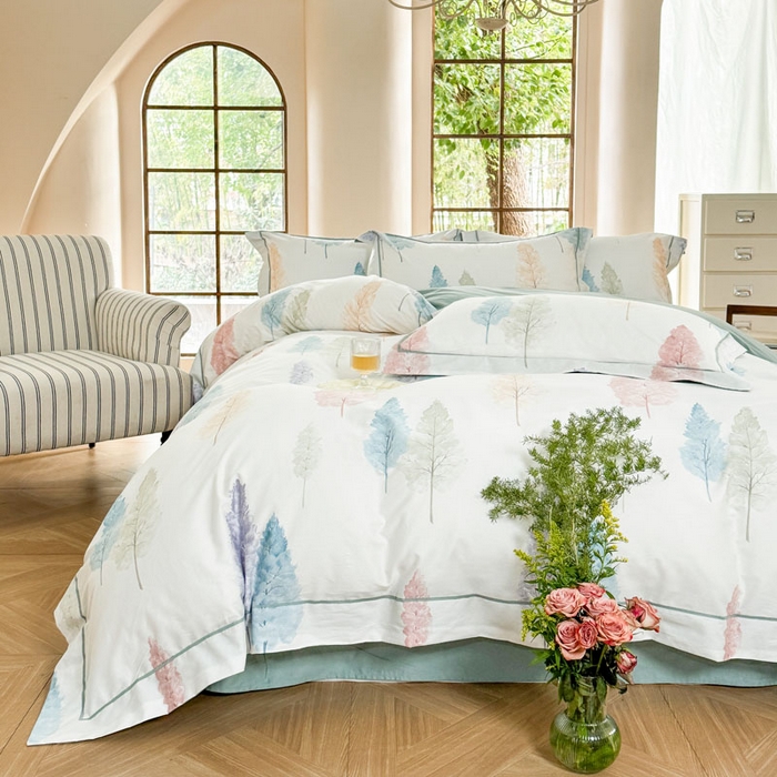 91家纺网 家纺一手货源 找家纺 7V 2025新款轻奢大宽边100%纯棉四件套133*76全棉喷气宽幅长绒棉被套床单床笠套件 麦风