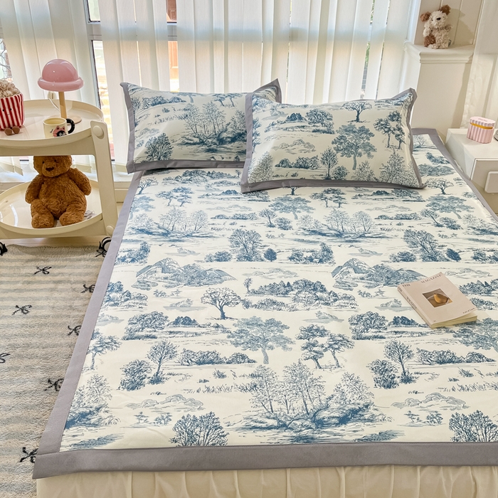 91家纺网 家纺一手货源 找家纺 川悦生活 2025新款600D立体宽边冰丝印花凉席 复古欧庭-蓝