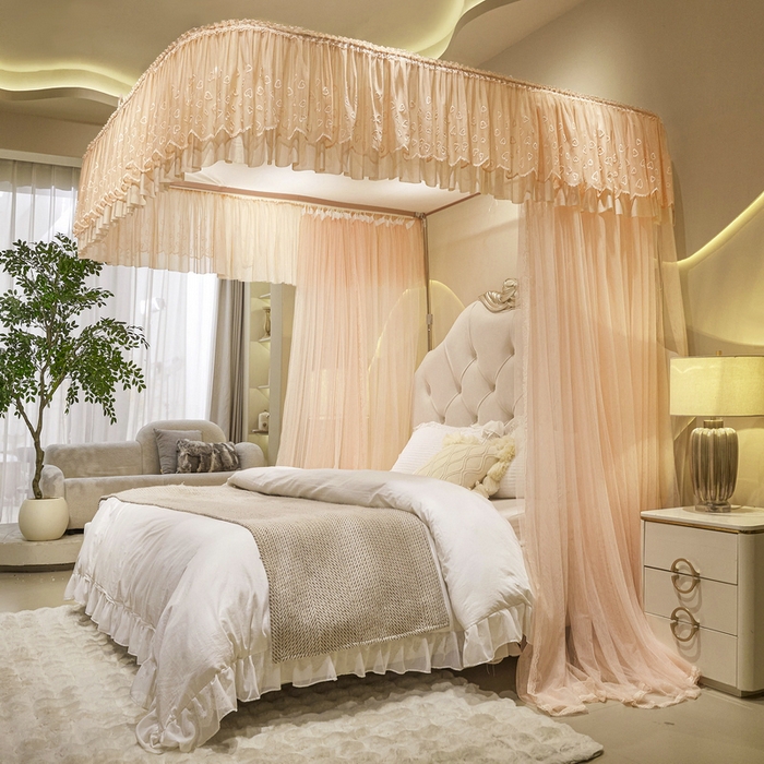 91家纺网 家纺一手货源 找家纺 夏彩 2025新款绣花加柔加密铝合金接口高度可调节轨道蚊帐88620 88620杏色