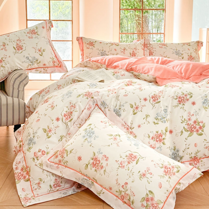 91家纺网 家纺一手货源 找家纺 7V 2025新款轻奢大宽边100%纯棉四件套133*76全棉喷气宽幅长绒棉被套床单床笠套件 蜜朵-米