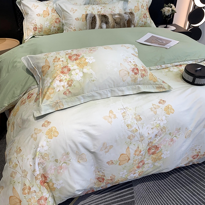 91家纺网 家纺一手货源 找家纺 莱豫家纺 2025新款50支长绒棉数码印花四件套 蝶漫