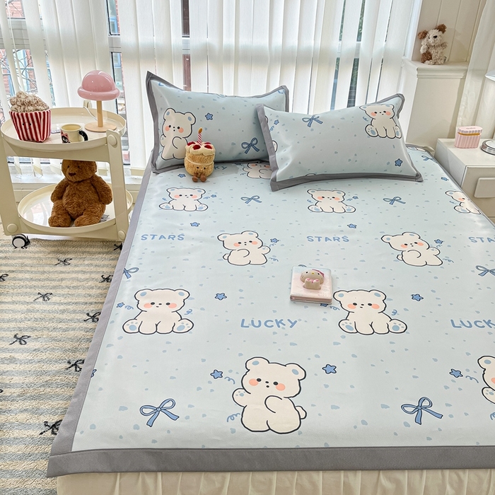 91家纺网 家纺一手货源 找家纺 川悦生活 2025新款600D立体宽边冰丝印花凉席 冰星小熊