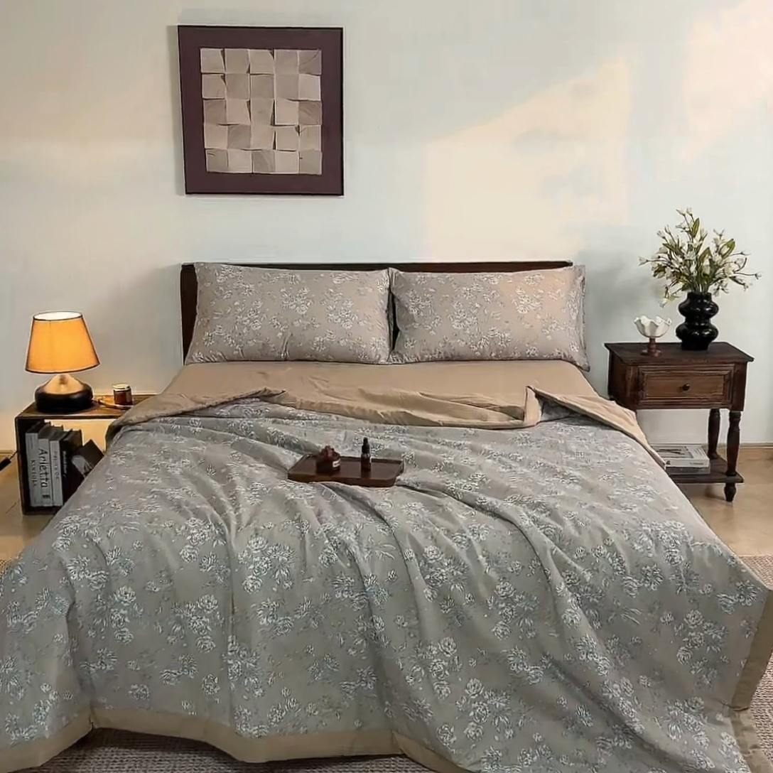 91家纺网 家纺一手货源 找家纺 吾诺 2025 全棉印花单层纱大豆夏被四件套夏凉被空调被子被芯全棉夏被 芬芳